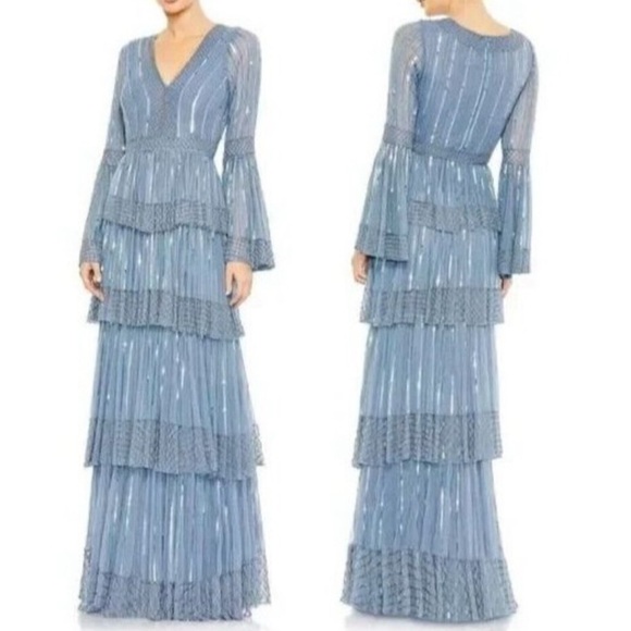 NWT | Mac Duggal 5442 Blue Emblemished Bell Sleeve Tiered Gown Size 16 - Picture 3 of 17